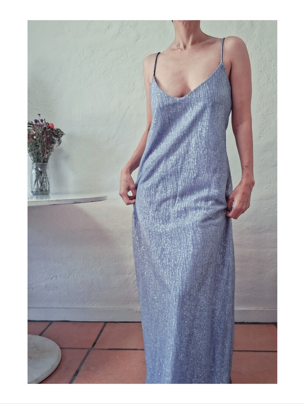 80s Fredericks of Hollywood Silver Glitz Lavender Slip Dress with Scarf Disco